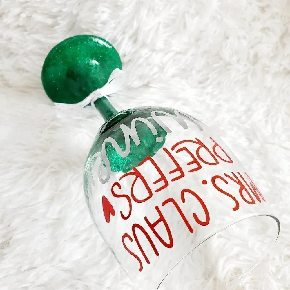 Mrs Claus Prefers Wine Green Glittered Stemmed Wine Glass, Funny Christmas Glass